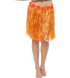 Hawaiian Hula Skirt with Flowers, Neon Orange