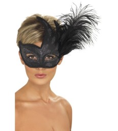 Ornate Colombina Feather Mask, Black