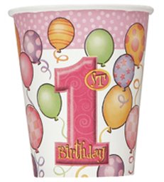 8 FIRST BIRTHDAY PINK 9 OZ CUPS