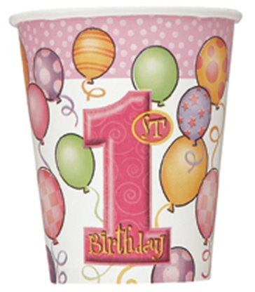 8 FIRST BIRTHDAY PINK 9 OZ CUPS