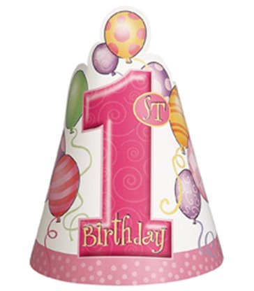 8 FIRST BIRTHDAY PINK PARTY HATS