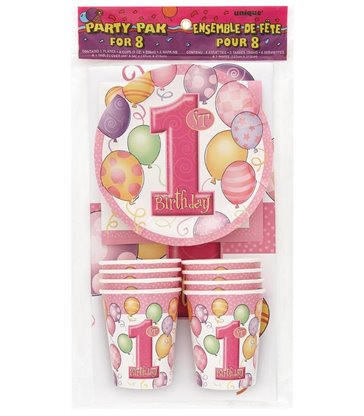 FIRST BIRTHDAY PINK PARTY PAK FOR 8