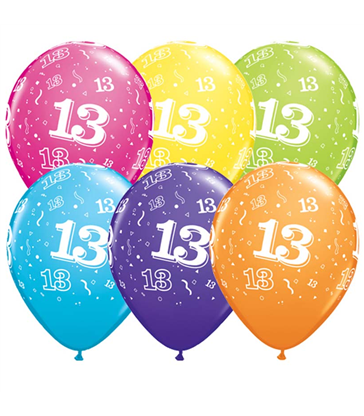Age 13 Pack of 6 11" assorted coloured balloons
