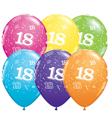 Age 18 Pack of 6 11" assorted coloured balloons