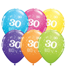 Age 30 Pack of 6 11" assorted coloured balloons