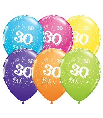 Age 30 Pack of 6 11" assorted coloured balloons