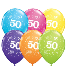Age 50 Pack of 6 11" assorted coloured balloons