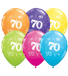Age 70 Pack of 6 11" assorted coloured balloons