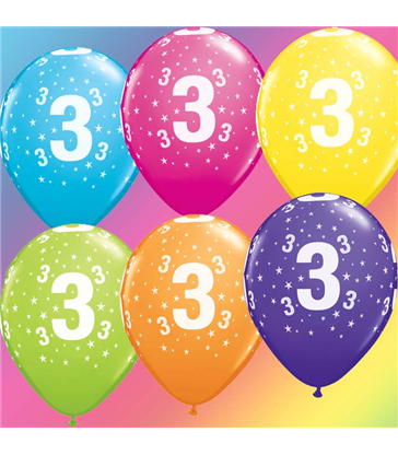 Age 3 Pack of 6 11" assorted coloured balloons